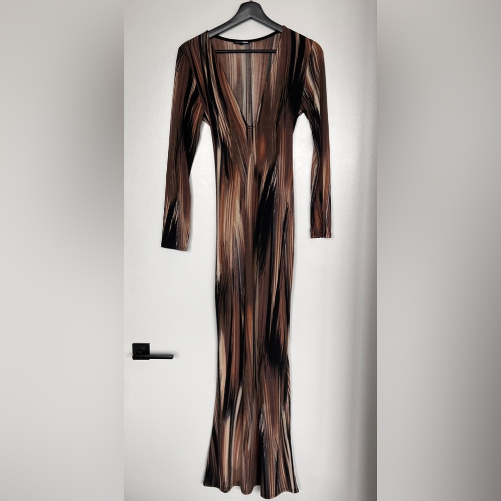 Fashion Nova Cream and Brown Bodycon Long Sleeve Dress